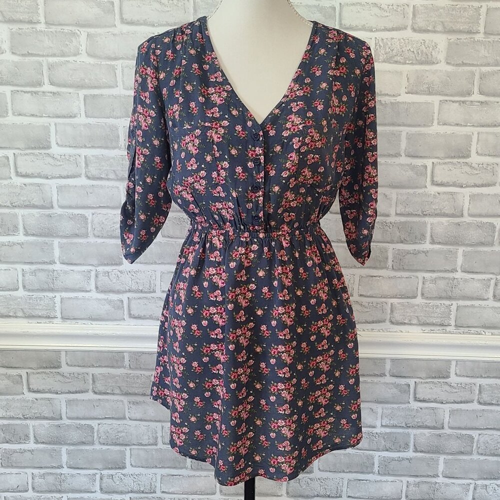 Wet Seal Womens Mini Dress Blue Floral 3/4 Roll Tab Sleeves M Cottage Feminine